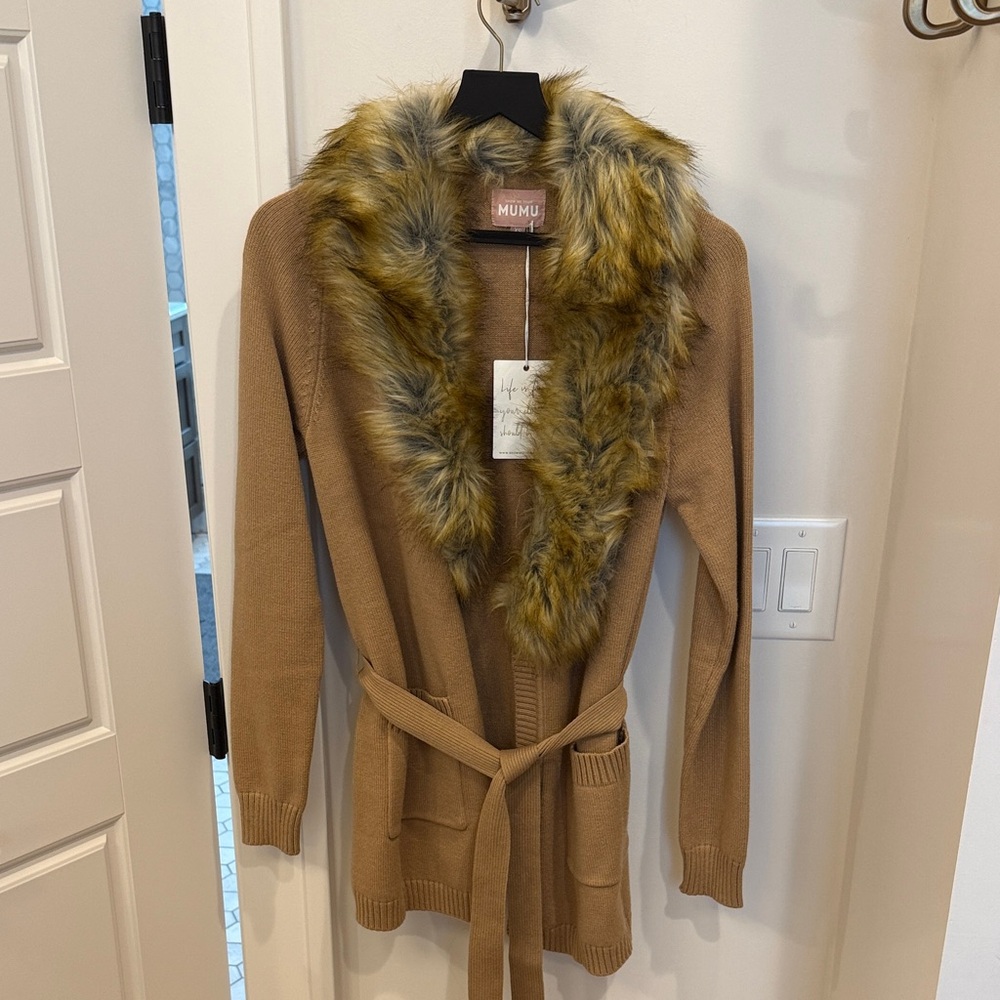 NEW with tags! Show me your MUMU wrap sweater cardigan with faux fur trim